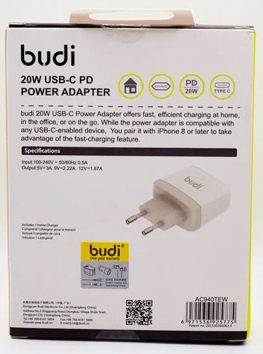 Сетевое зарядное устройство BUDI TYPE-C PD 20W BD-0020 фото